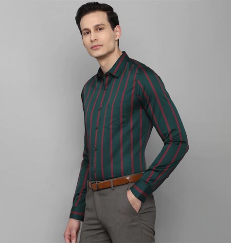 Men Green & Red Slim Fit Striped Pure Cotton Formal Shirt